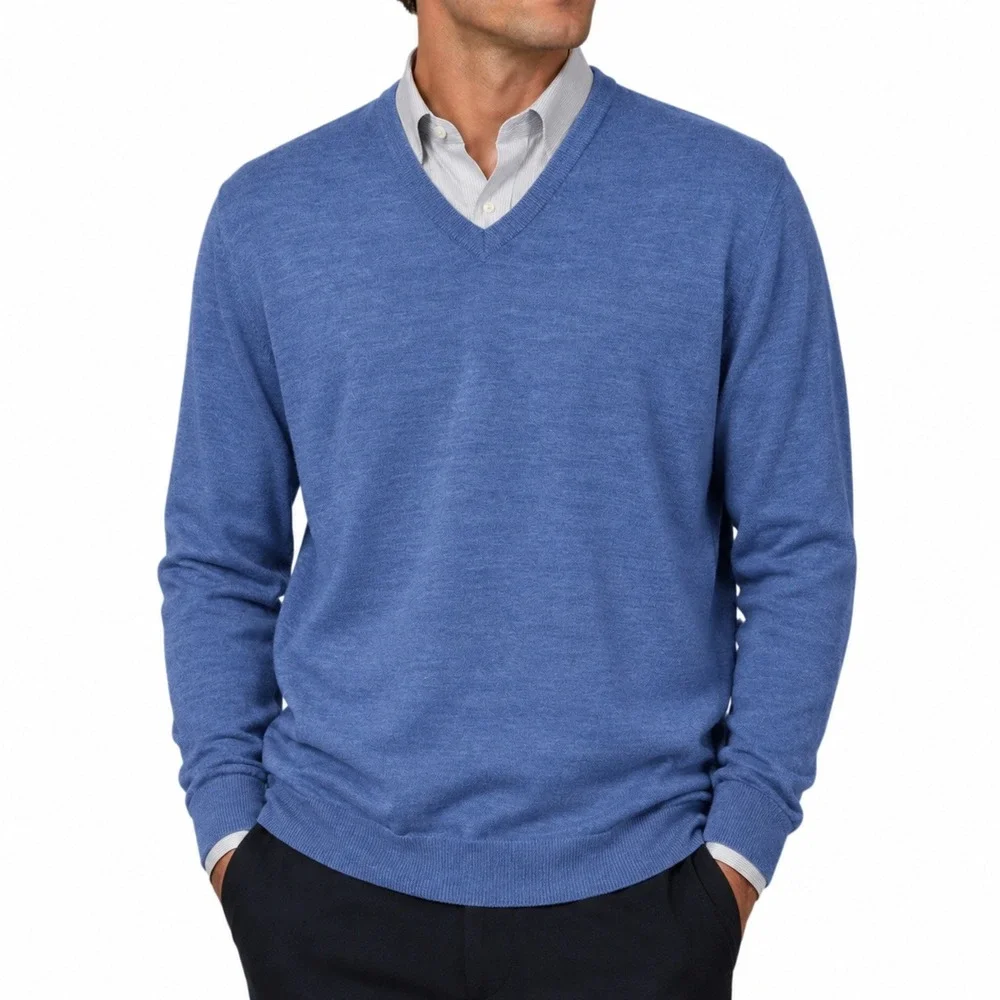 J.Crew Italian Merino Wool V-Neck Sweater Large Blue Slim Fit Tollegno 1900 Soft